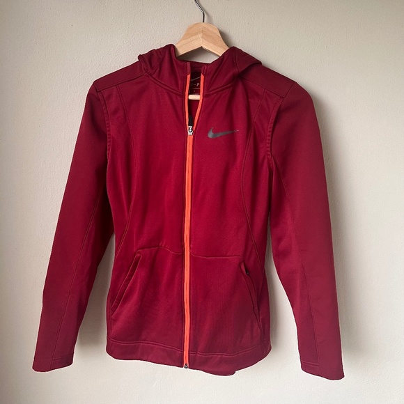 NIKE Womens Dri-Fit Hooded Full Zip Jacket Pockets Running Gym Red Size Small - Picture 2 of 9